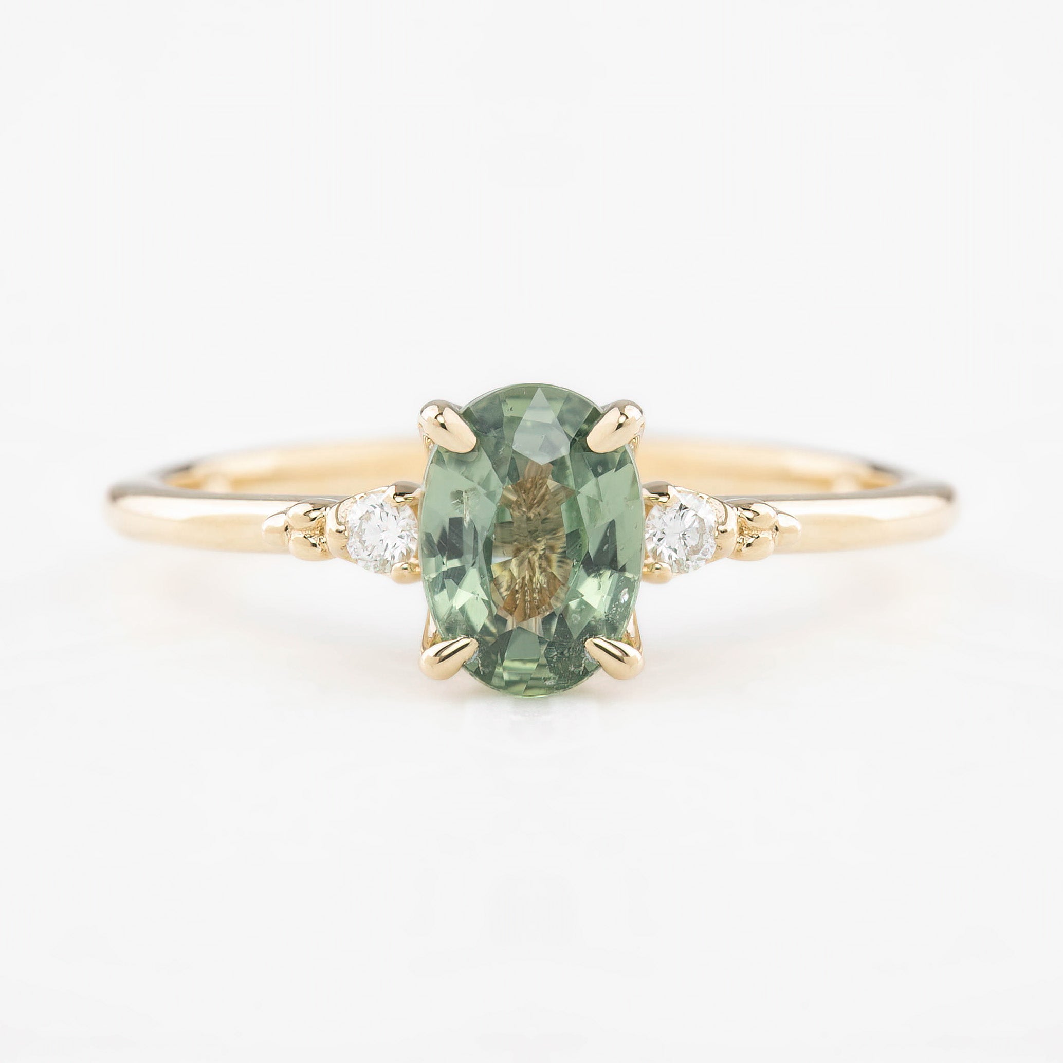 Estel Ring 0.9ct Light Green Unheated Oval Sapphire, 14K Yellow Gold (One of a kind)