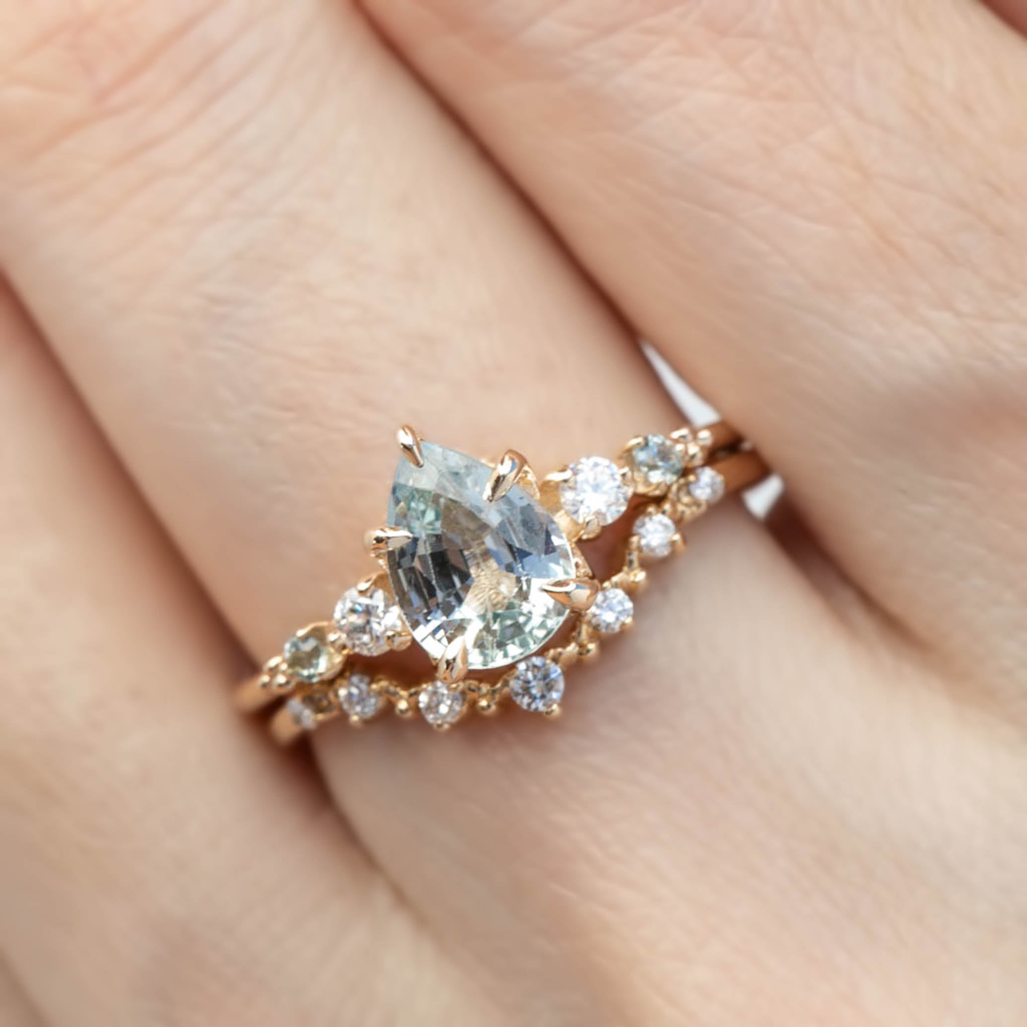 Estel Fleur Ring, 1.47ct Light Green Madagascar Sapphire, 14K Yellow Gold (One of a kind)