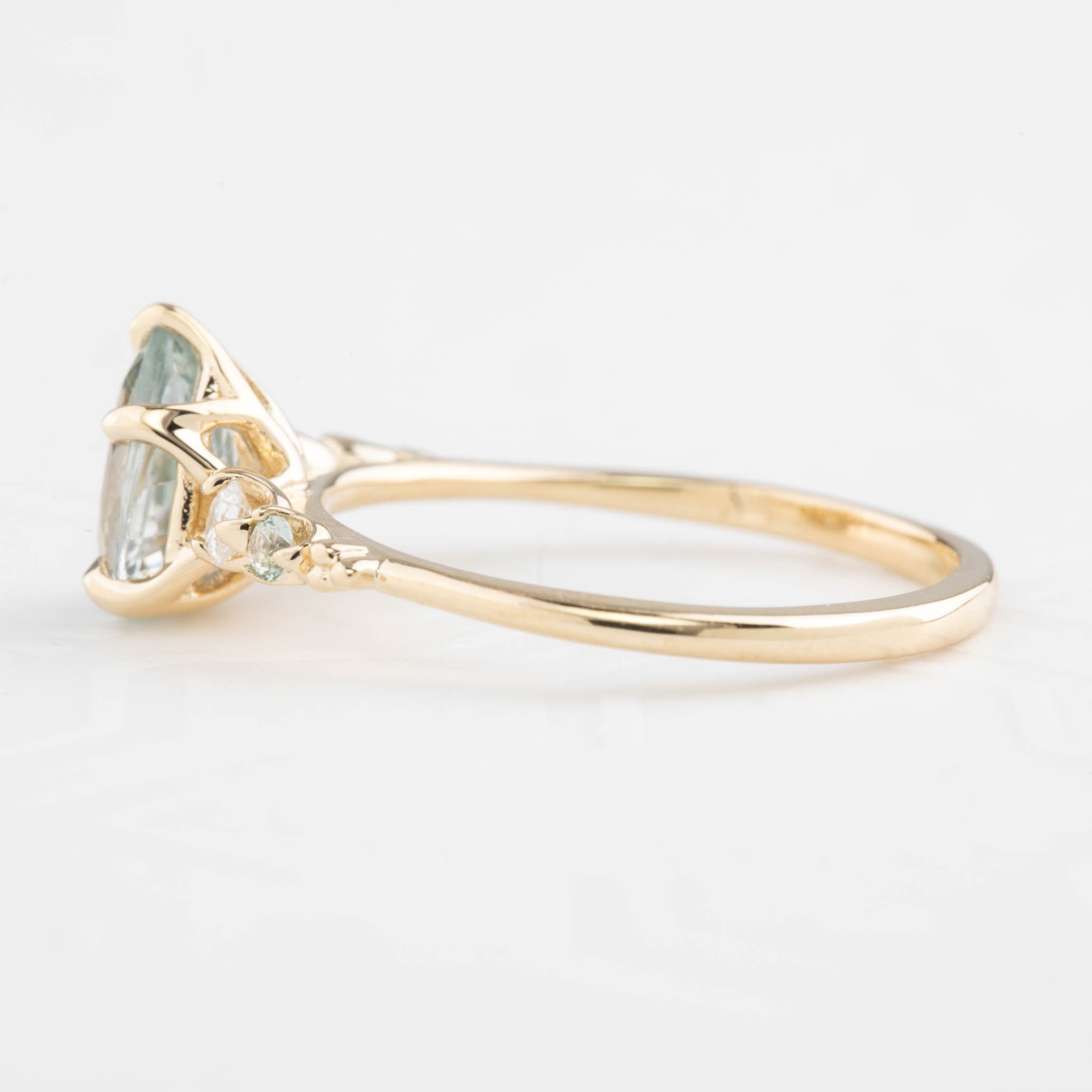 Estel Fleur Ring, 1.47ct Light Green Madagascar Sapphire, 14K Yellow Gold (One of a kind)