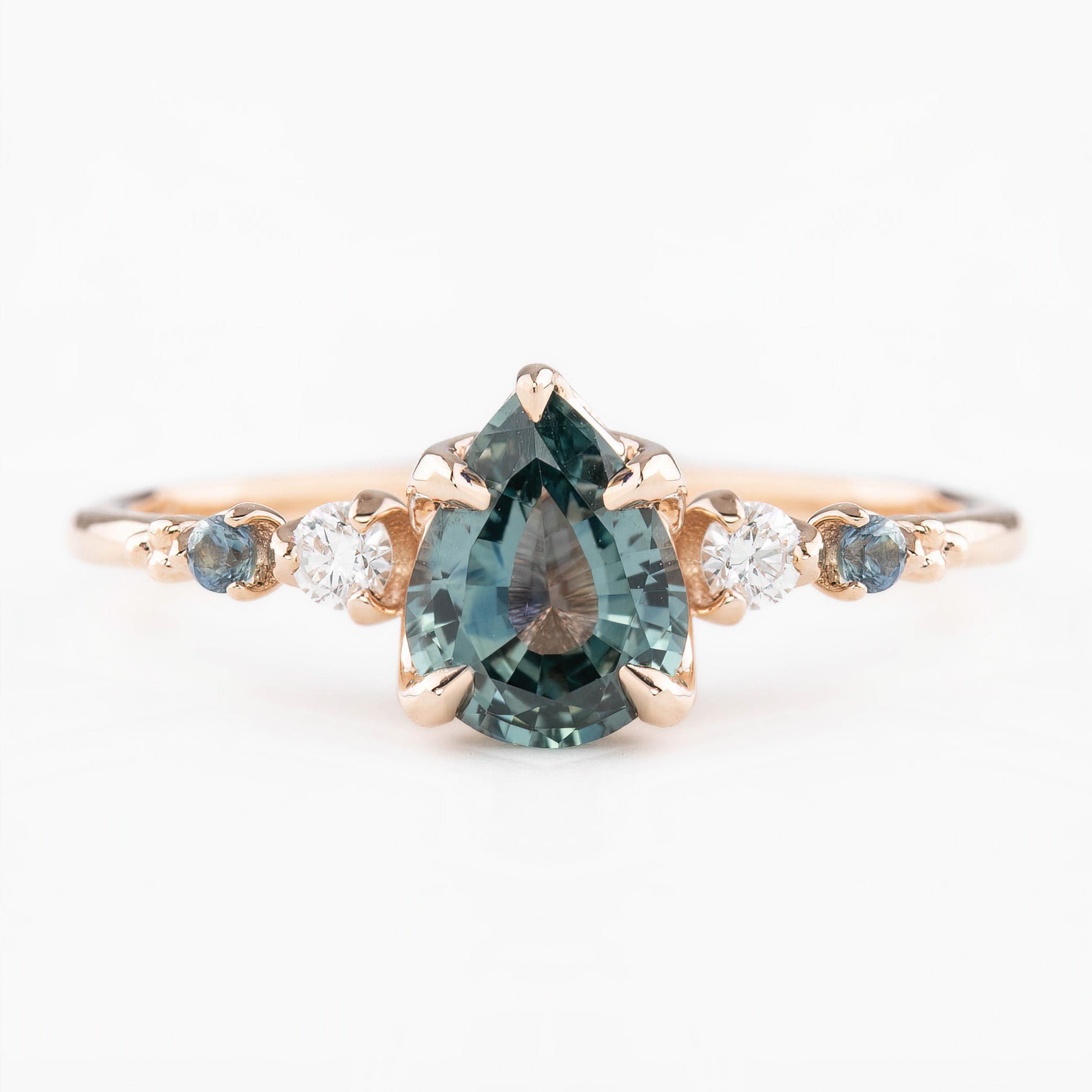 Estel Fleur Ring, 1.13ct Light Blue Green Pear Montana Sapphire, 14K Rose Gold (One of a kind)
