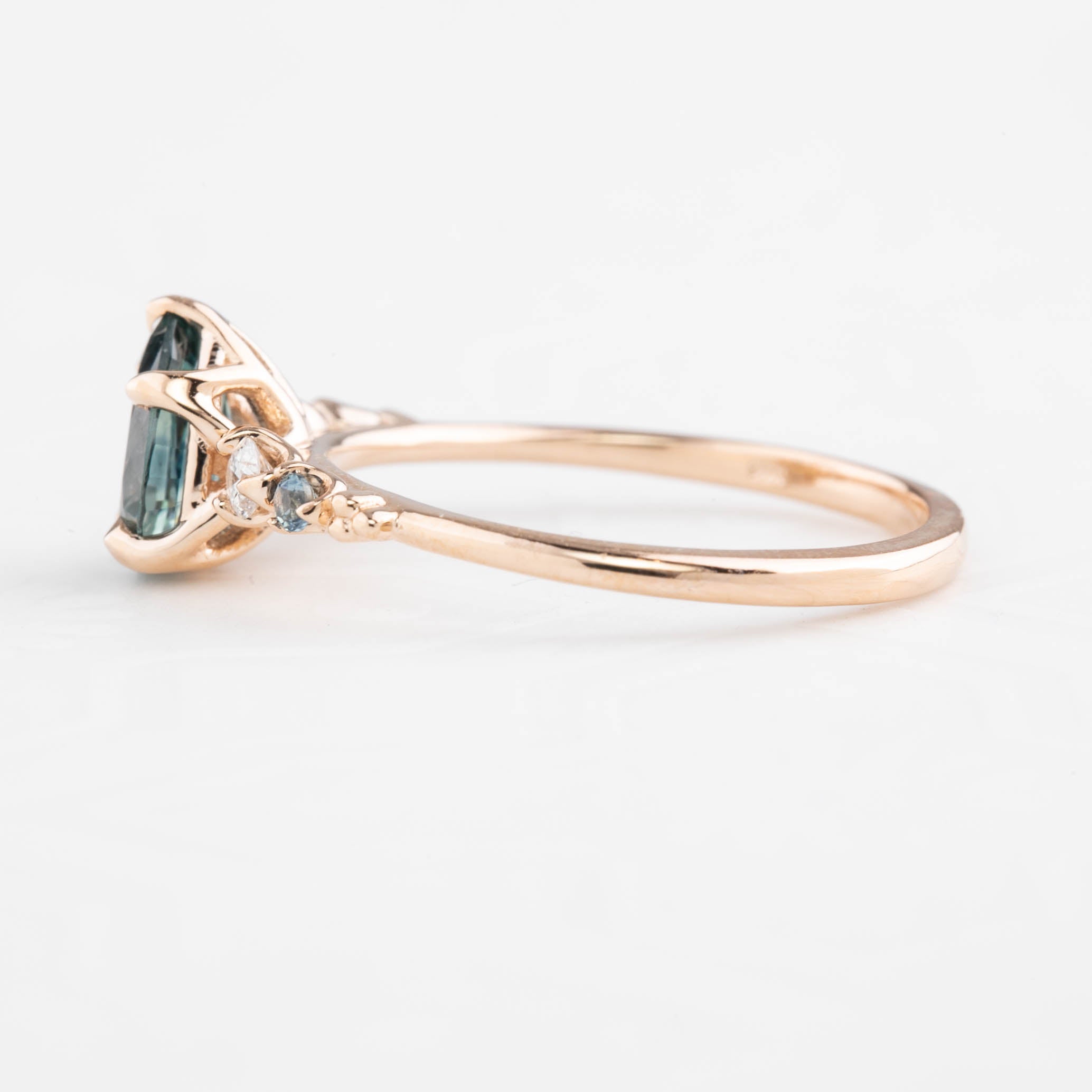 Estel Fleur Ring, 1.13ct Light Blue Green Pear Montana Sapphire, 14K Rose Gold (One of a kind)