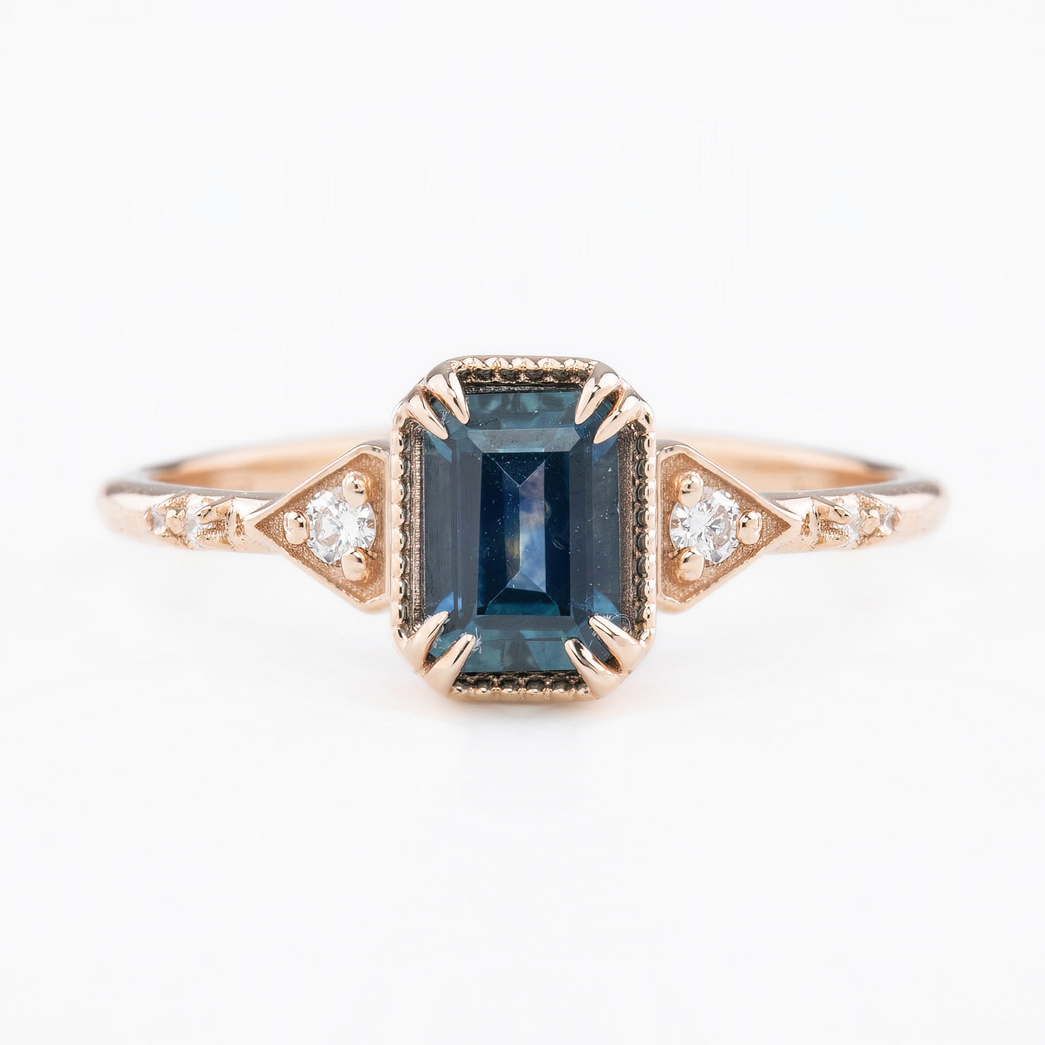 Agatha Ring, 1.11ct Deep Teal Blue Emerald Montana Sapphire, 14k Rose Gold