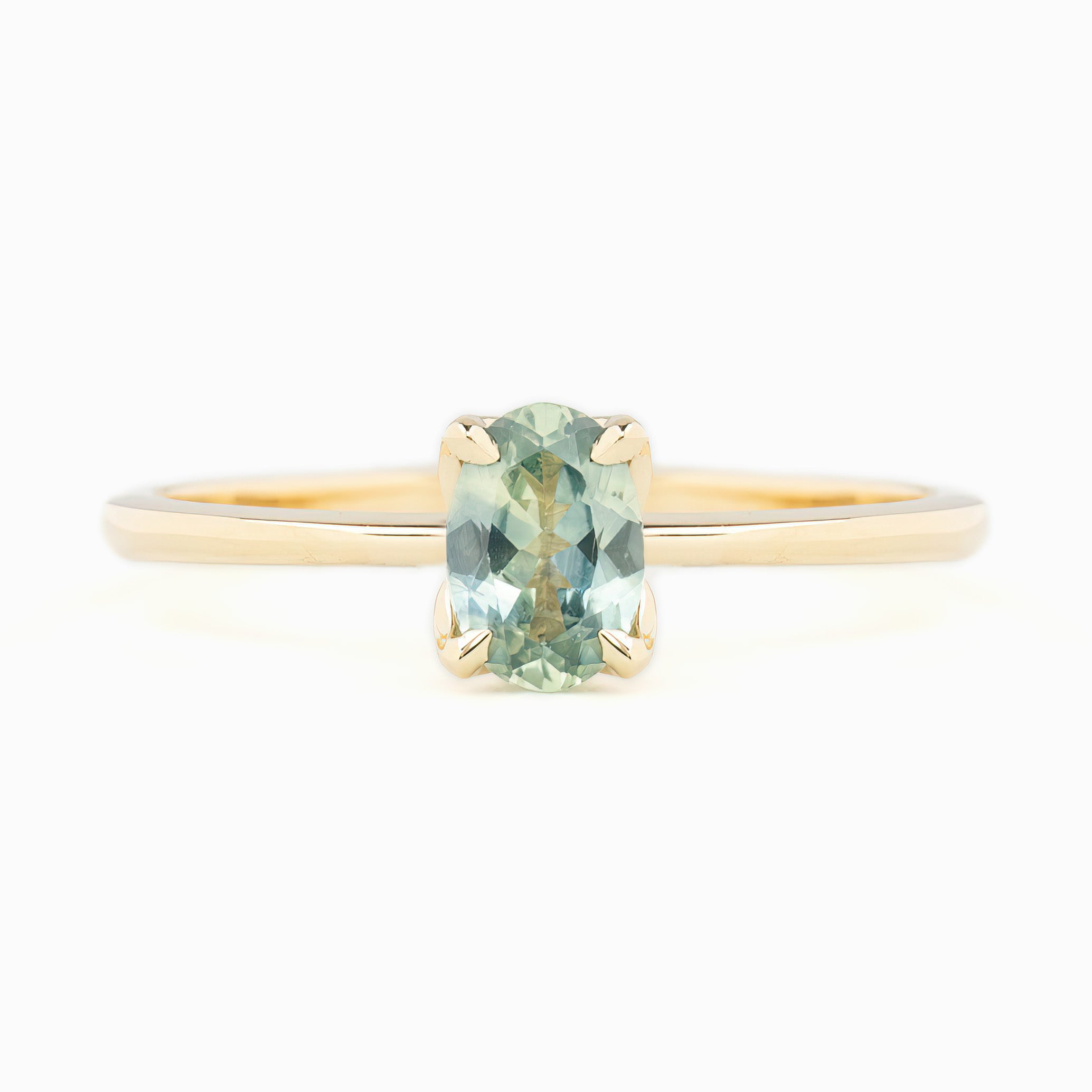 Sara Ring 0.69ct Parti Aqua Green Montana Sapphire, 14K Yellow Gold (One of a kind)