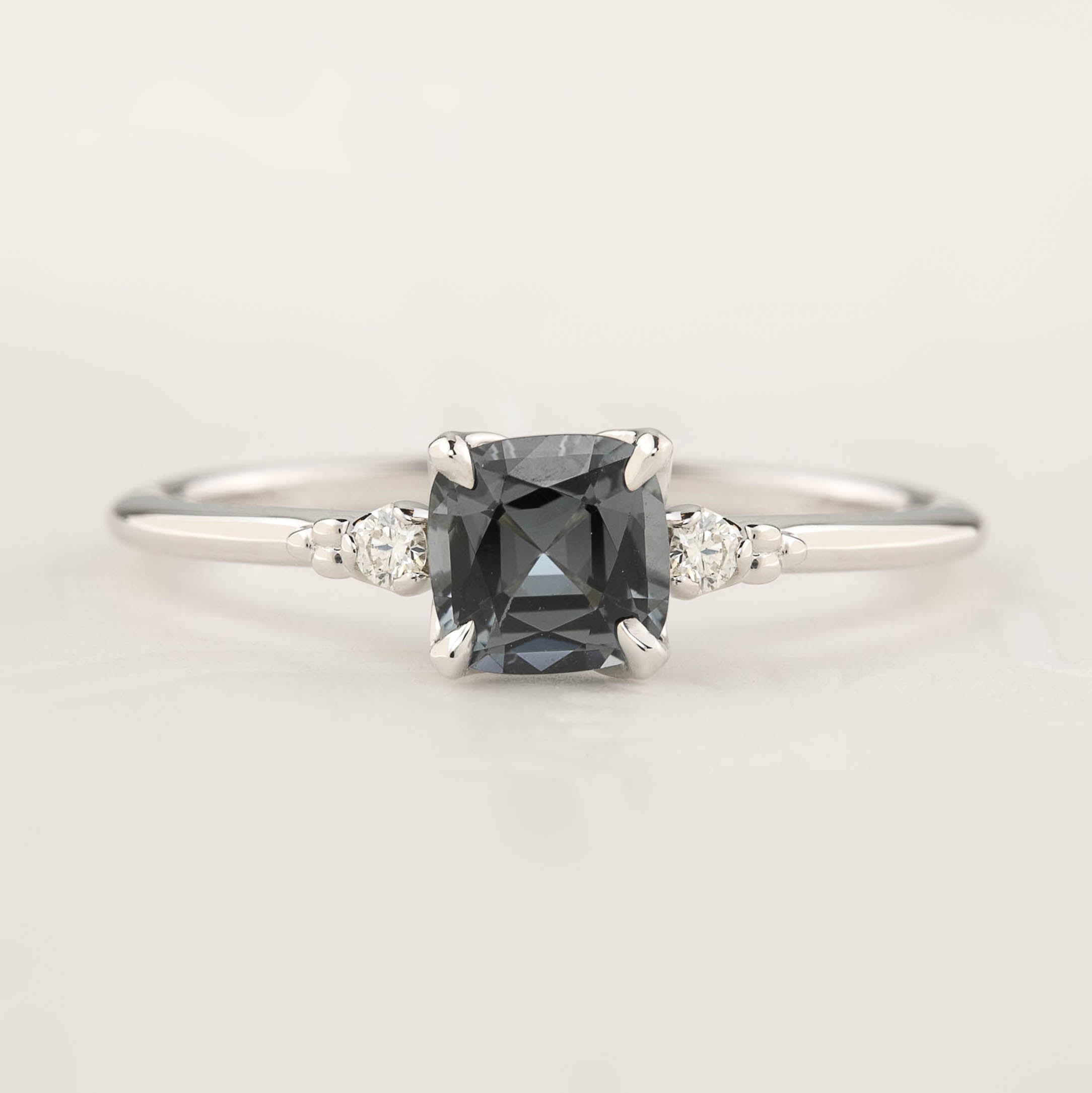 Estel Ring 0.73ct Cushion Cut Grey Blue Spinel, 14k White Gold (One of a kind)