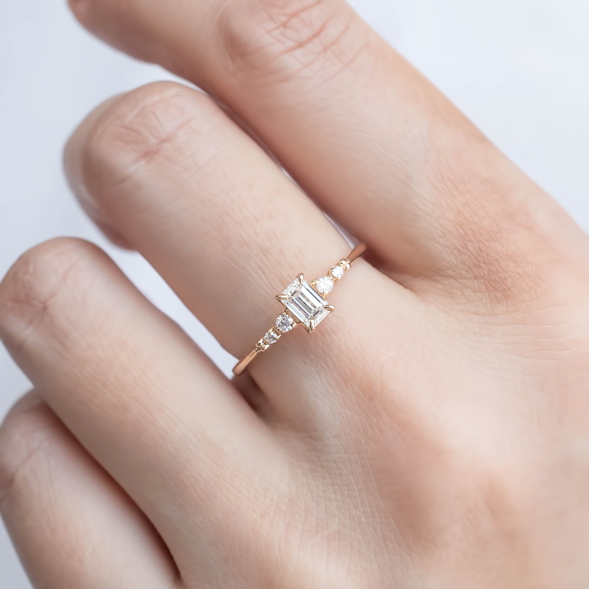 Estel Fleur Four Prongs Ring, 0.35ct Emerald Cut Diamond, 14k Yellow Gold (One of a kind)