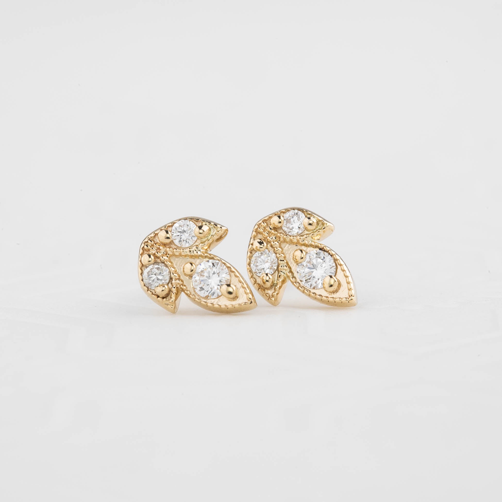 Three Leaf Diamond Stud Earrings, 14k Gold