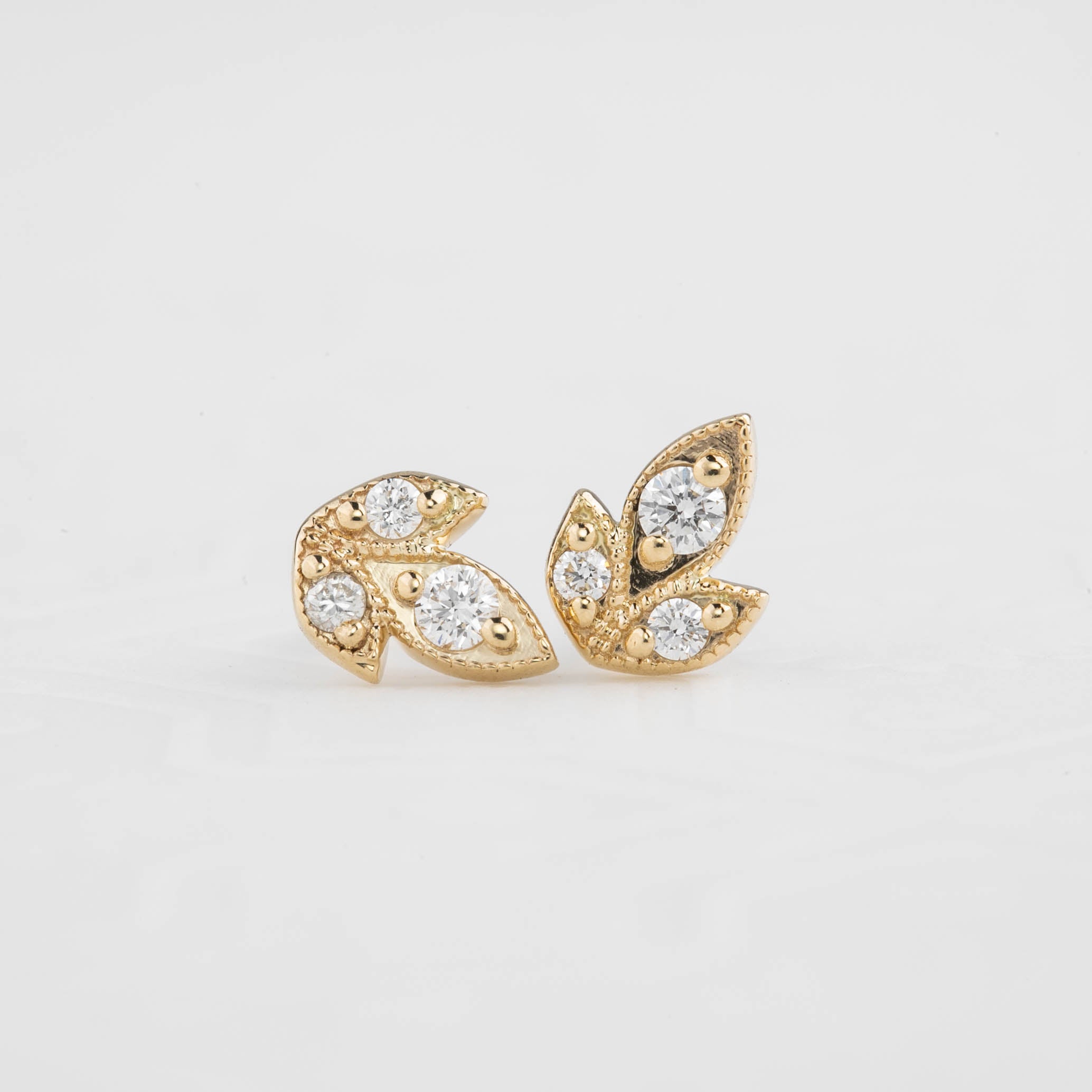 Three Leaf Diamond Stud Earrings, 14k Gold