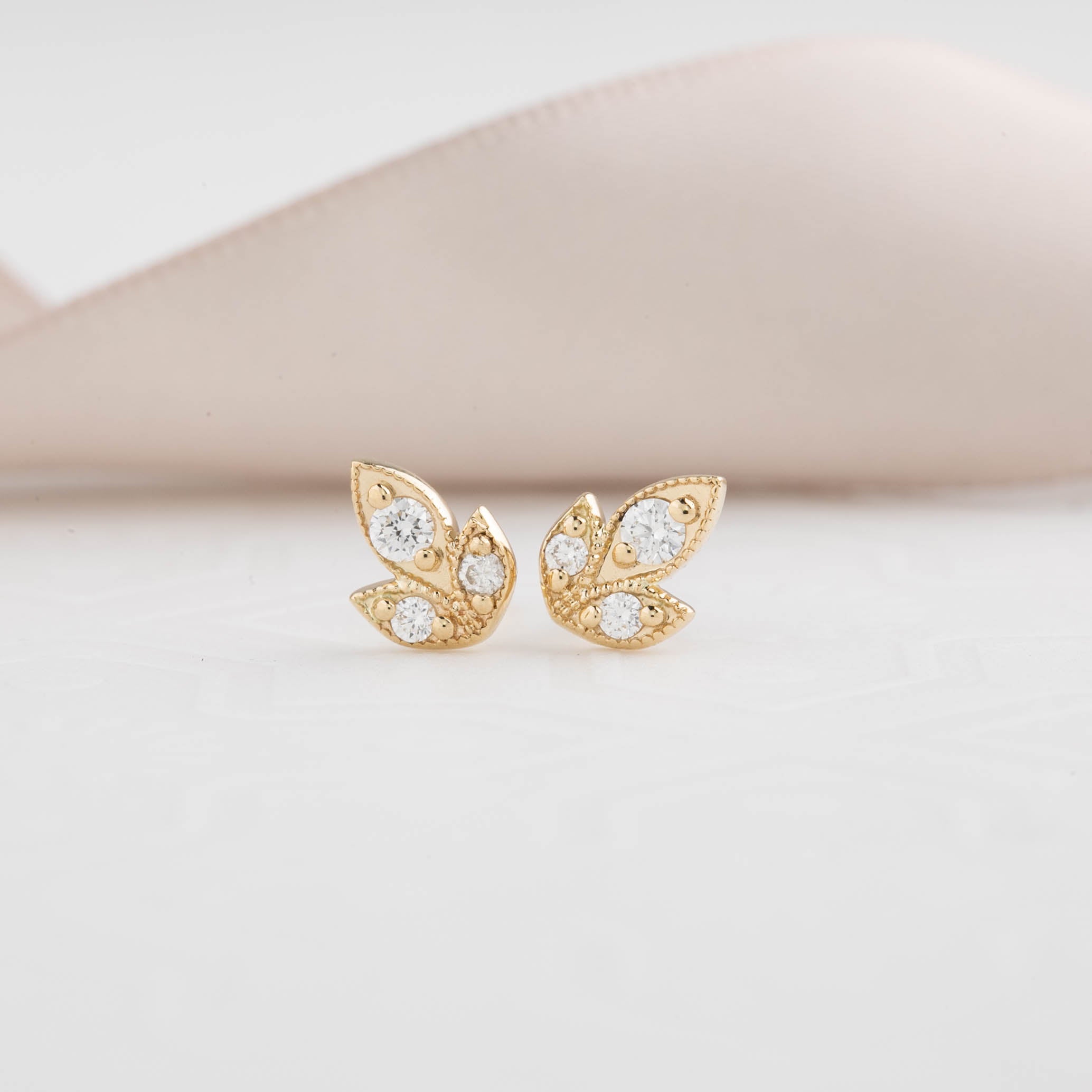 Three Leaf Diamond Stud Earrings, 14k Gold