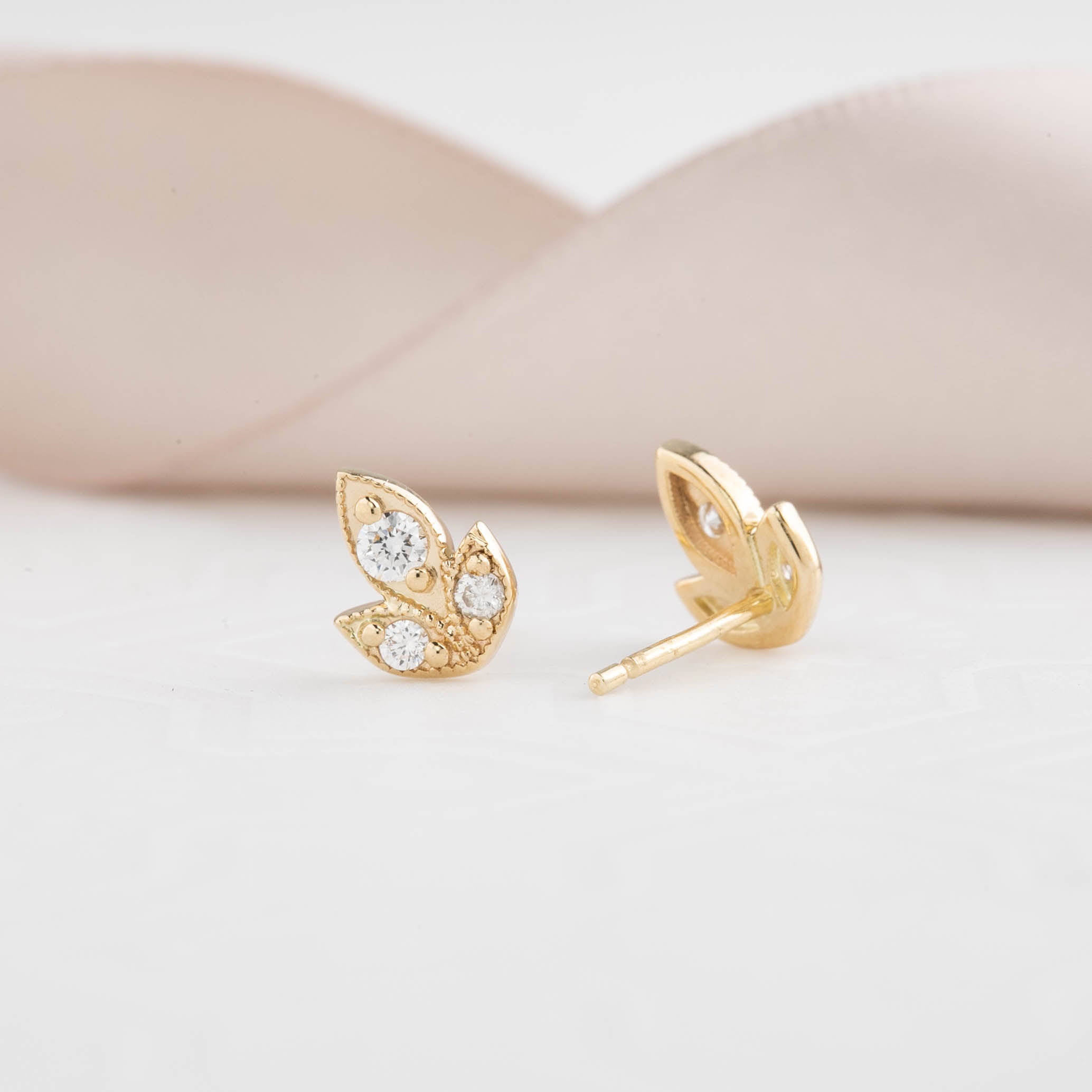 Three Leaf Diamond Stud Earrings, 14k Gold