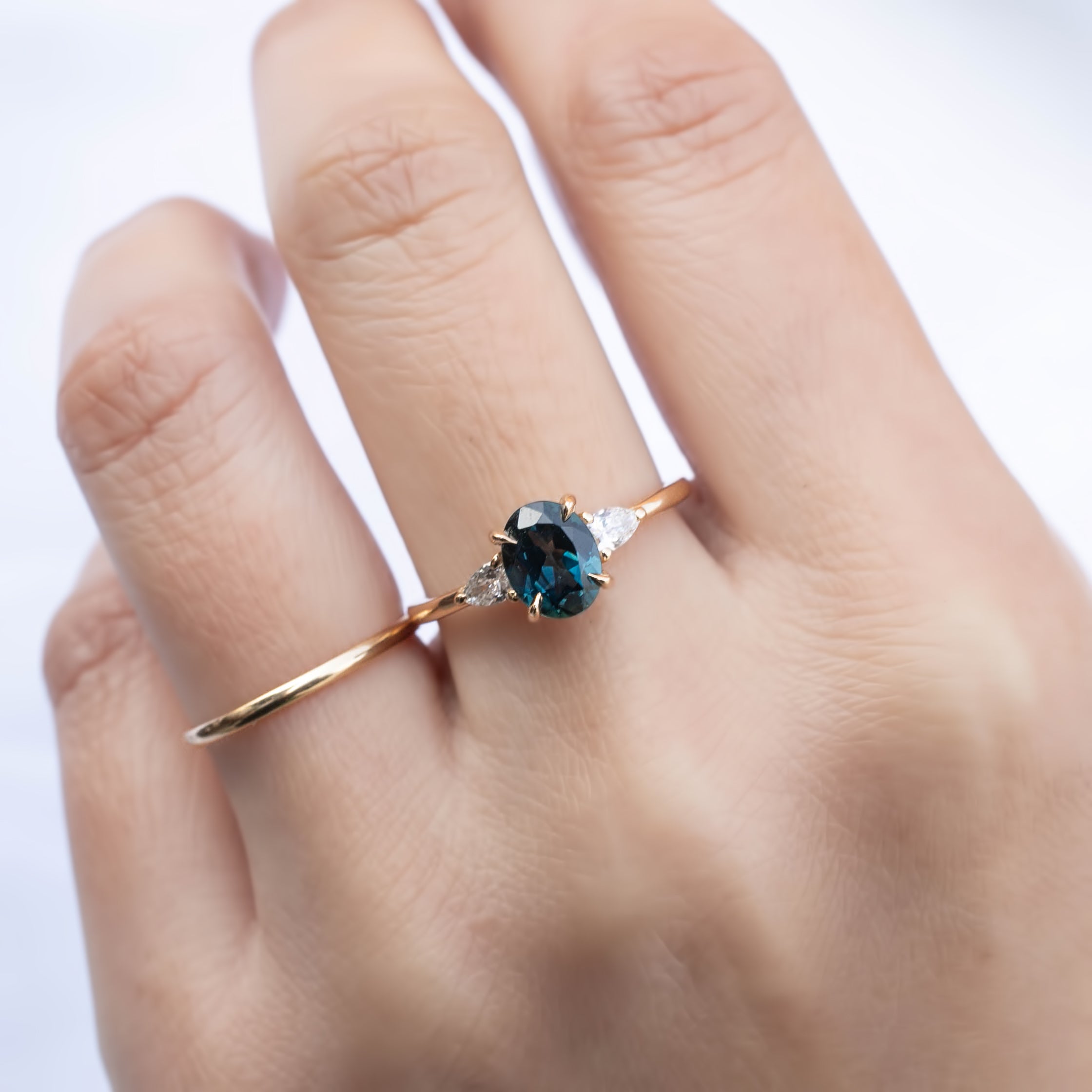 Olivia Ring 1.35ct Unheated Teal Blue Oval Queensland Sapphire (One of a kind), 14k yellow gold