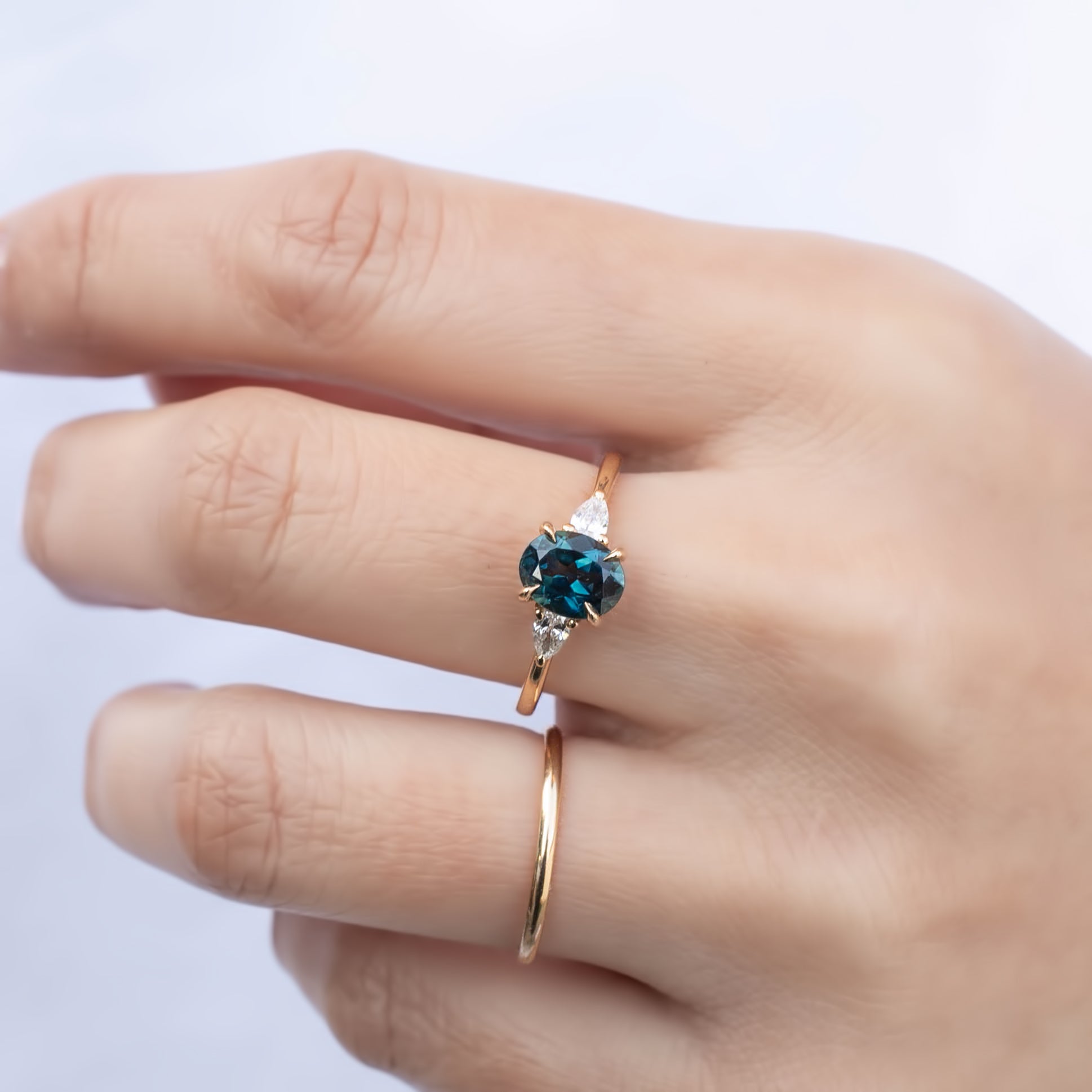 Olivia Ring 1.35ct Unheated Teal Blue Oval Queensland Sapphire (One of a kind), 14k yellow gold