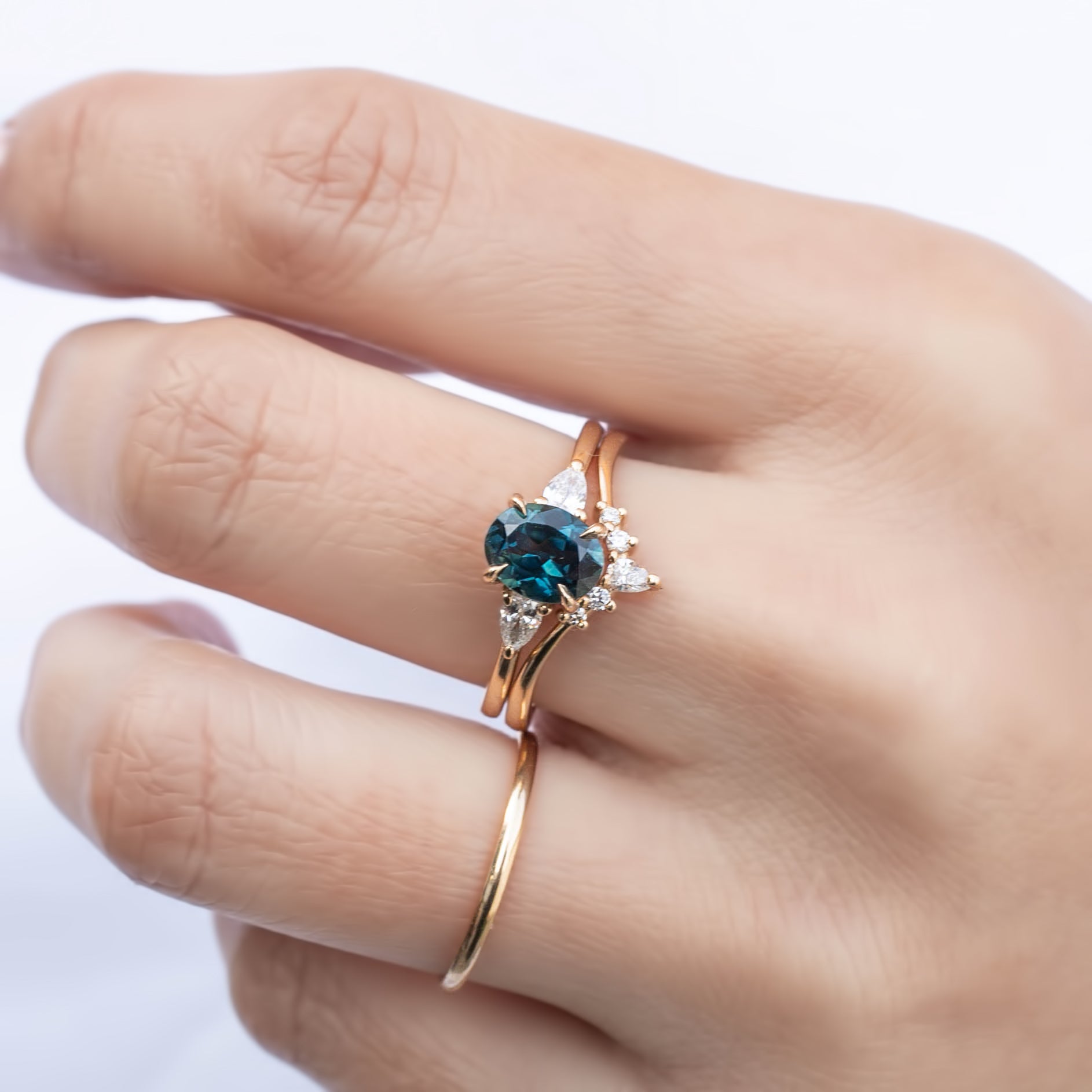 Olivia Ring 1.35ct Unheated Teal Blue Oval Queensland Sapphire (One of a kind), 14k yellow gold