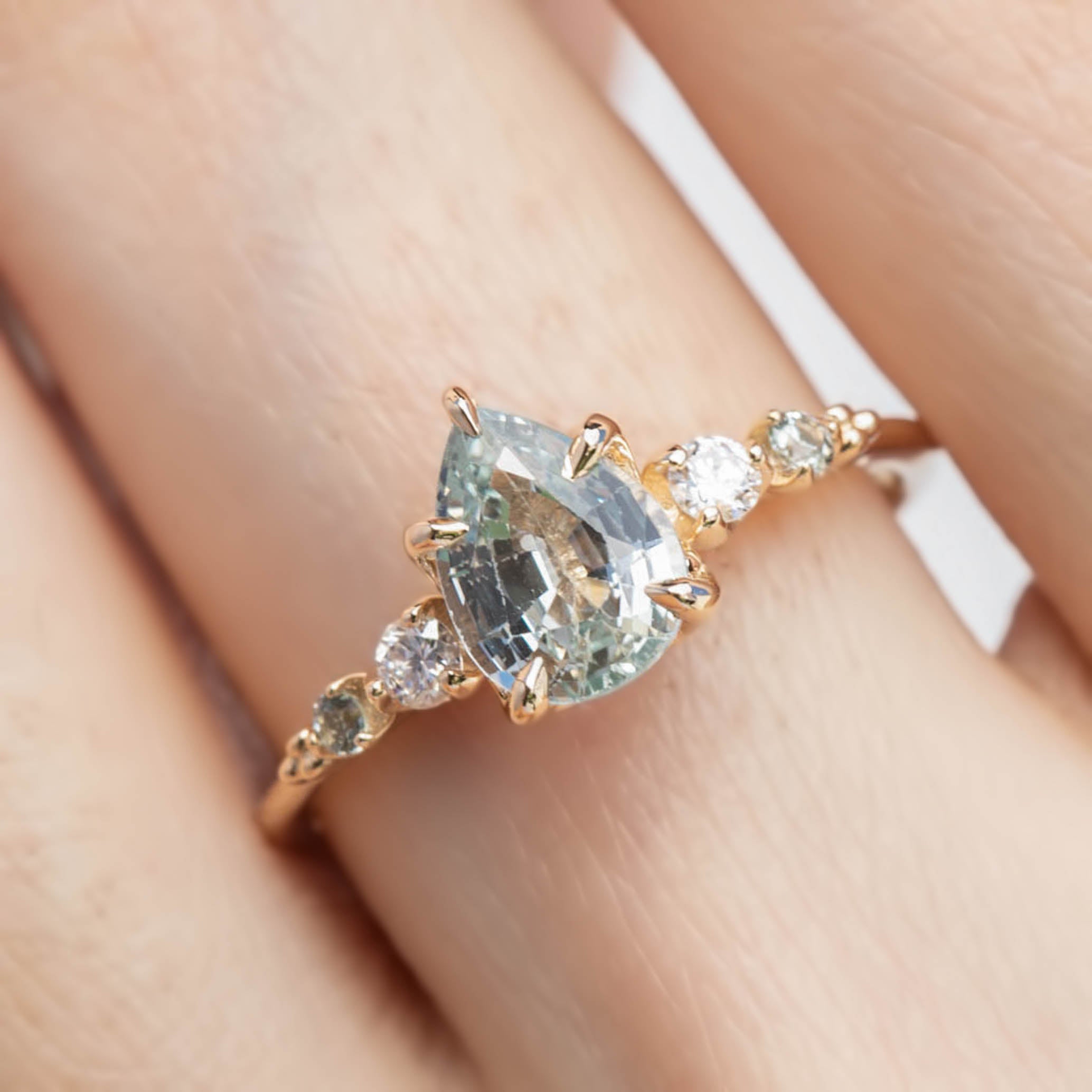 Estel Fleur Ring, 1.47ct Light Green Madagascar Sapphire, 14K Yellow Gold (One of a kind)