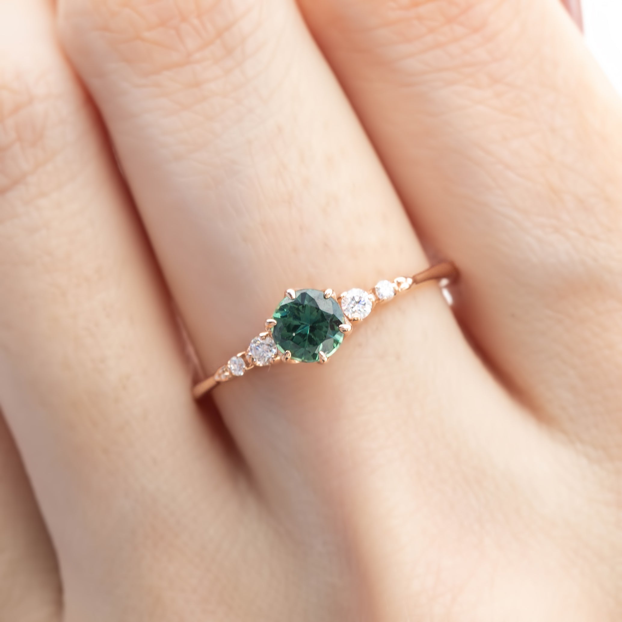 Estel Fleur Six Prongs Ring 4.8mm 0.50ct Peacock Green Round Queensland Sapphire 14K Rose Gold
