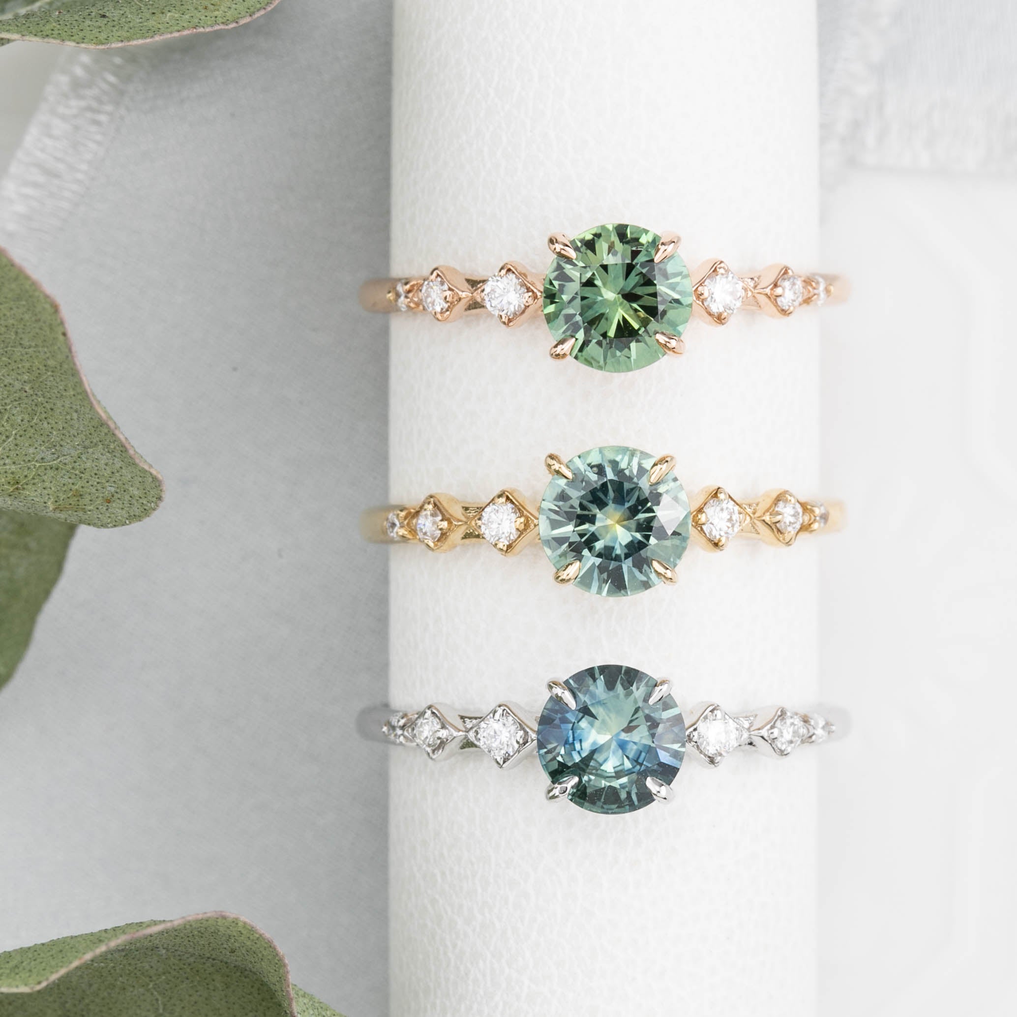 Celeste Ring 0.73ct Parti Blue Green Round Montana Sapphire, 14K White Gold (One of a kind)